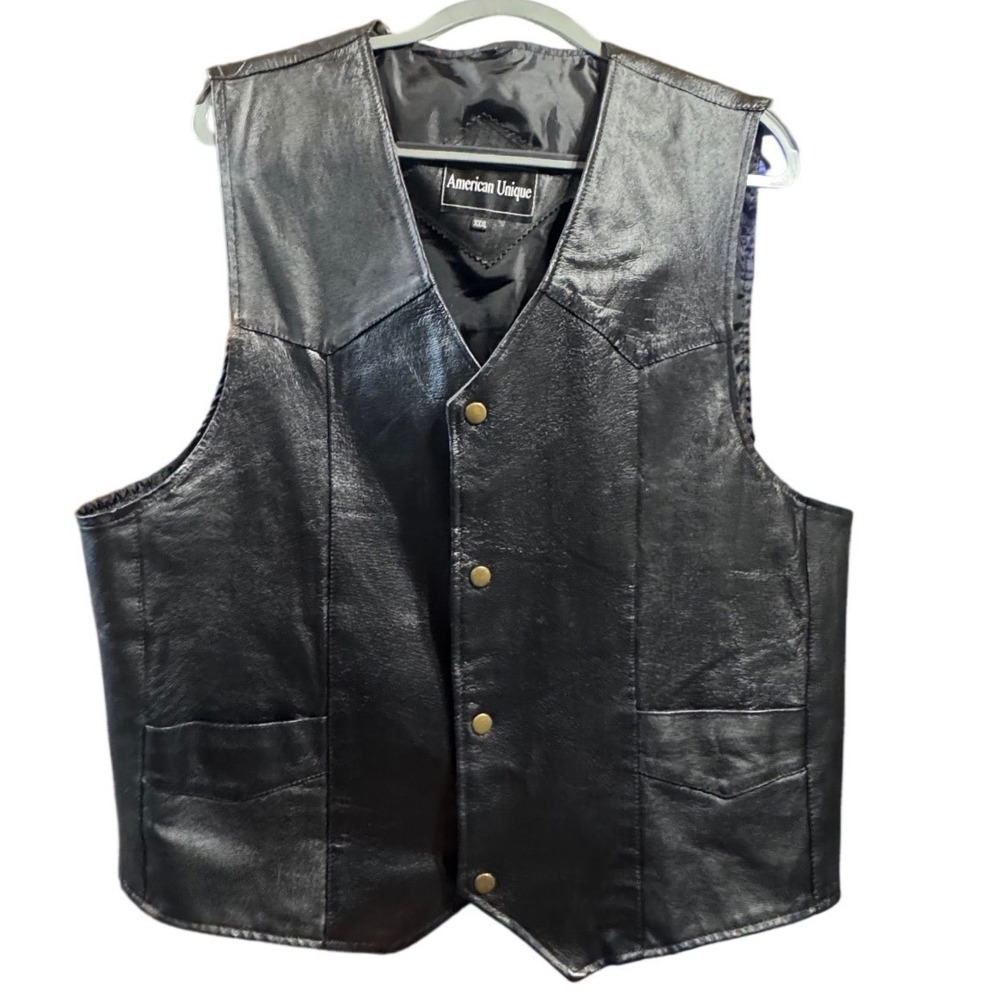 American Unique Leather Vest Mens XXL Black Biker Western Snap Front VTG Style